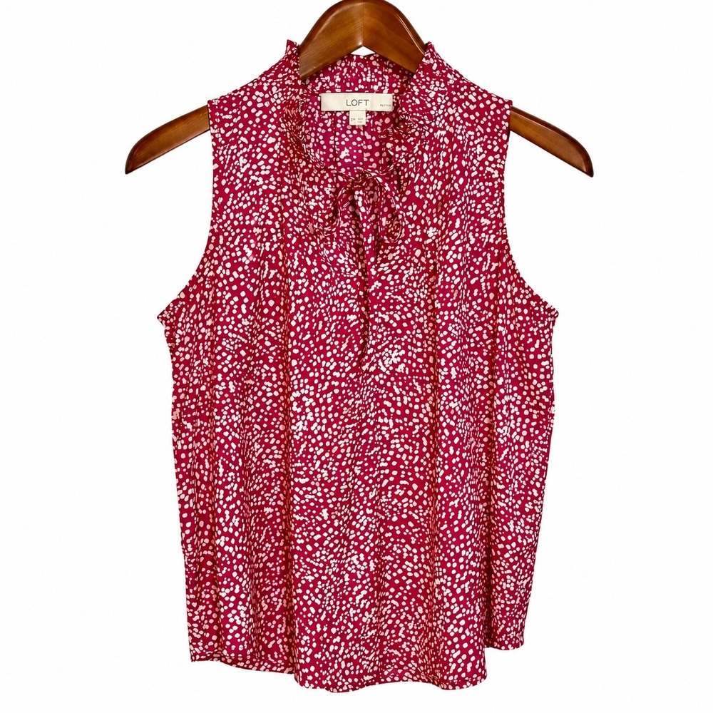 LOFT Pink White Polka Dot Ruffle Tie Neck Sleeveless Blouse SP 763902